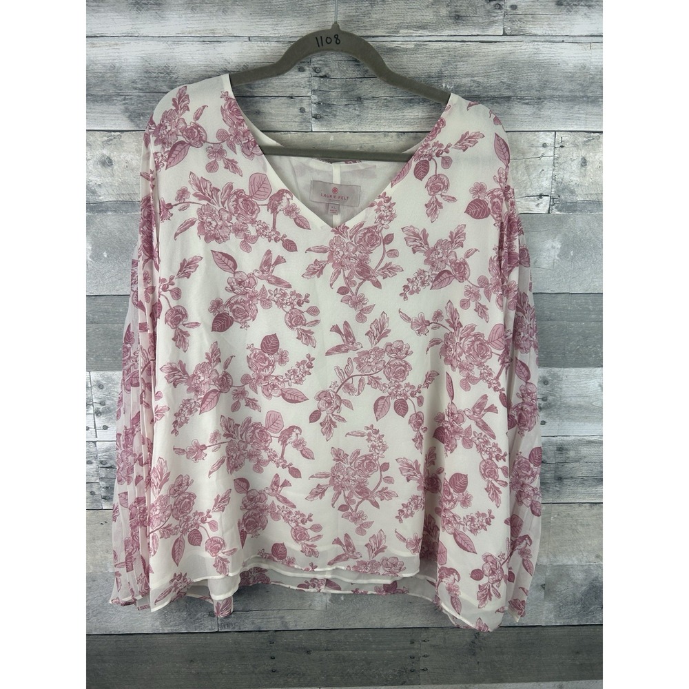 Laurie Felt Women's XL Pink/white Long Pleated Sleeve Floral V Neck Blouse